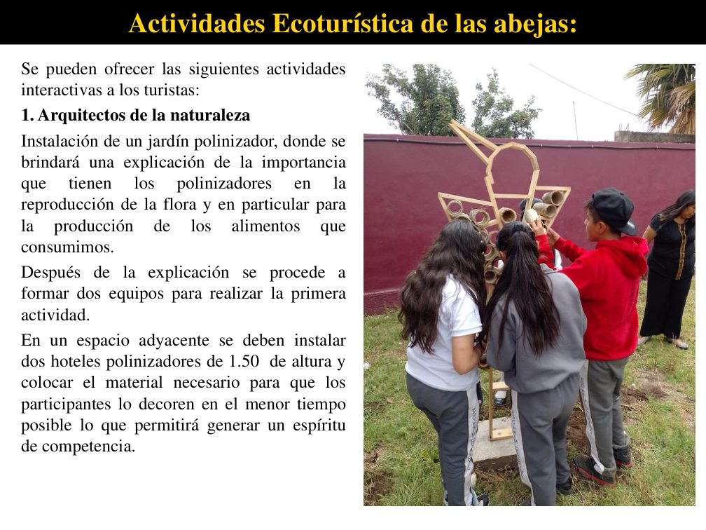 Visitantes trabajando en un hotel polinizador durante la actividad Arquitectos de la naturaleza